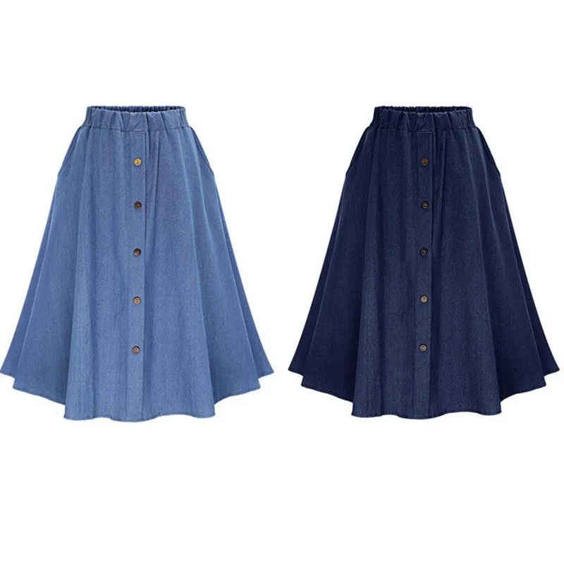 Women\'s High Waist Button Pleated Midi Skirt With Elastic Waist Midi Denim Skirt Button Front Loose Skirts