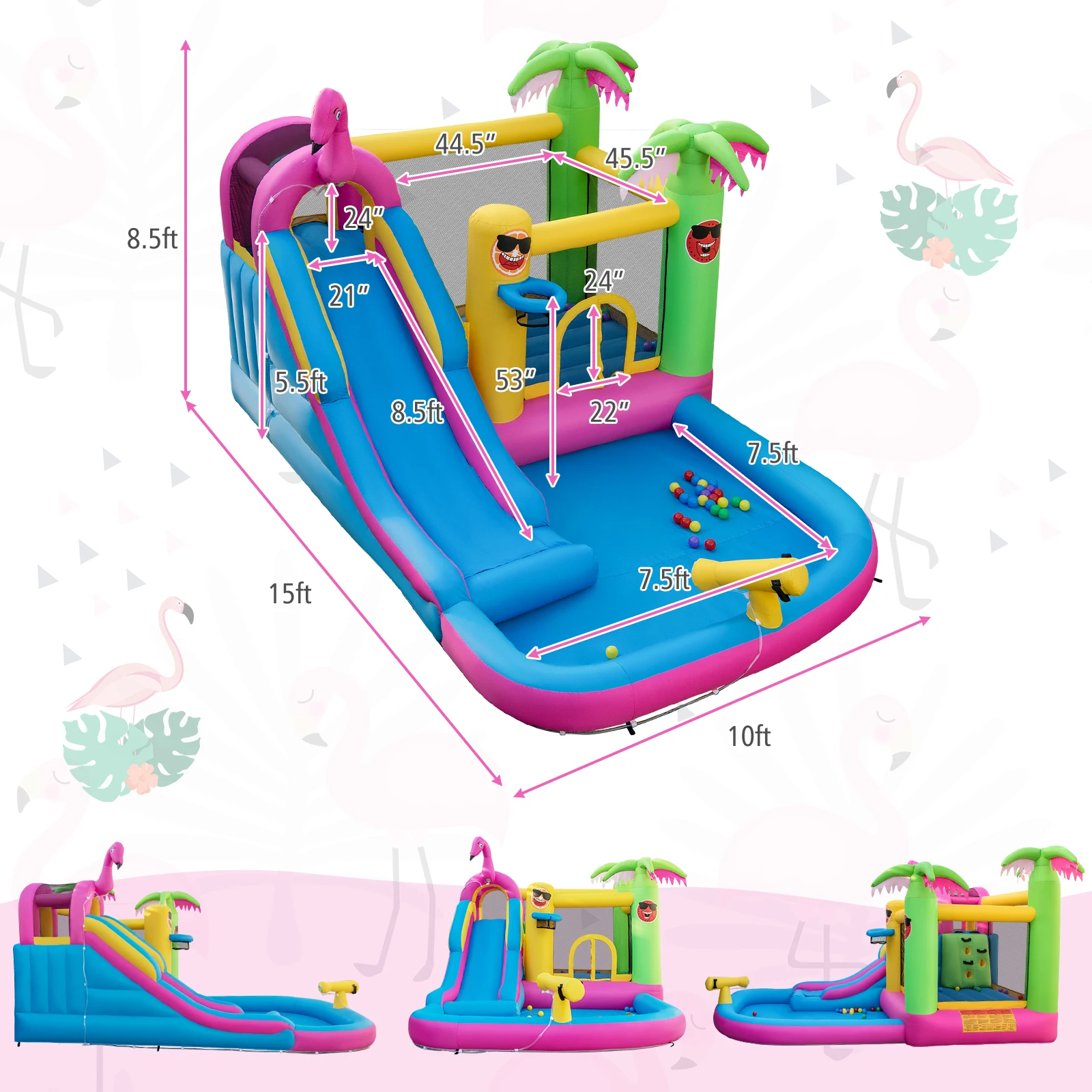 Tropical Inflatable Bounce Castle for Backyard, Ocean Ball & 735W Blower Include