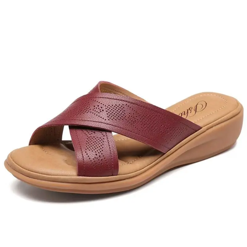 

Women's Real Leather Big Size Wedges Slipper Summer New Thick Sole Non Slip High Quality Outdoor Slippers Elderly Sandals
