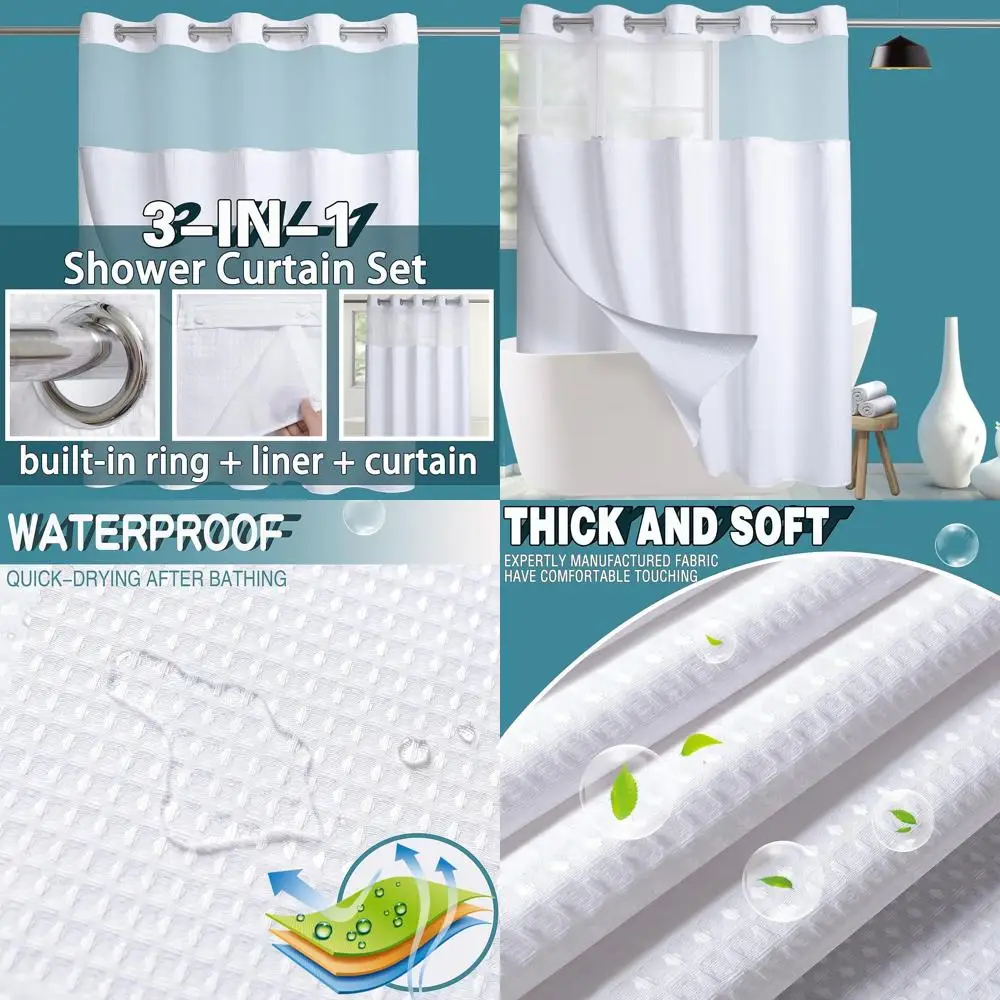 

Luxury White Waffle Weave Shower Curtain Set with Snap-In Liner, Waterproof, Washable, 71x84