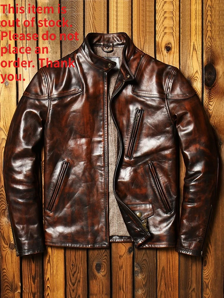

2025 High-luxury Retro Motorcycle Pippi Jacket Men's Slim Body Color Tea Core Horseskin Leather Jacket