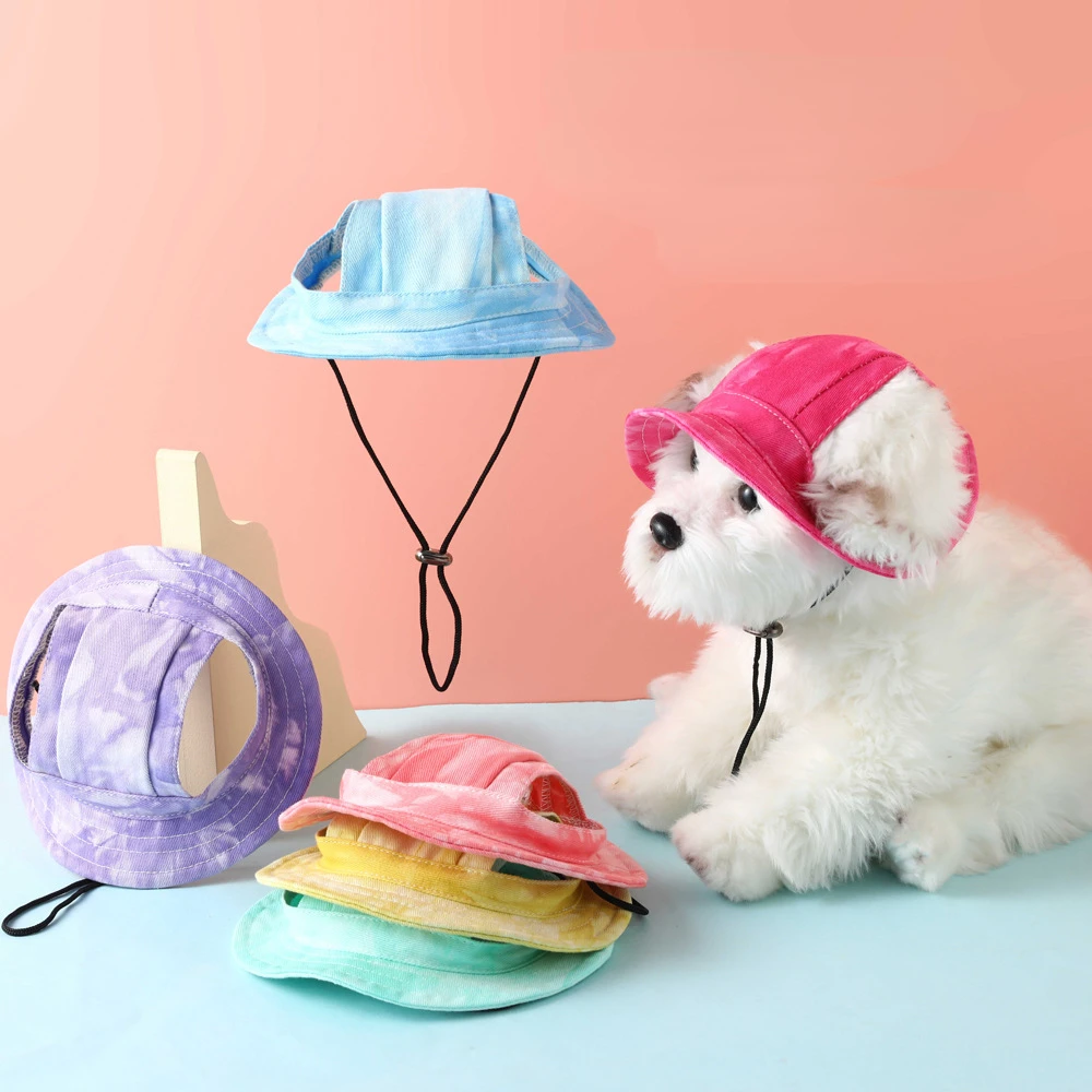 

2023 Summer New Pet Hat Leaky Ears Cotton Tie-Dye Cat Accessories Anti-Shedding Sun Hat Fashion Casual Dog Hats with Ear Holes