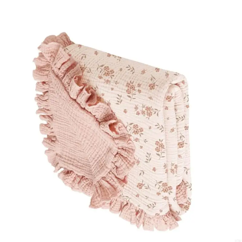 97BE 100x90cm Floral Trim Infant Swaddles Blanket Cotton Fabric for Strollers or Crib