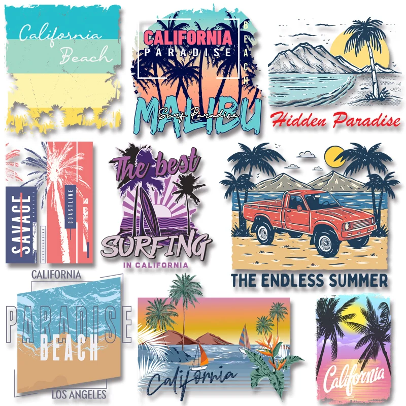 Summer Beach Surfing Sunset Letter Iron On Transfer Accessory Patch for Clothes on Jackets Bags Socks Pillow Applique Decor