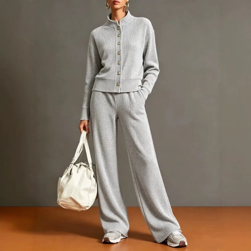 Women Two Piece Outfit Stand Collar Button Cardigan Wide Leg Pants Set Textured New Long Sleeve Casual Tracksuit Multiple Colors