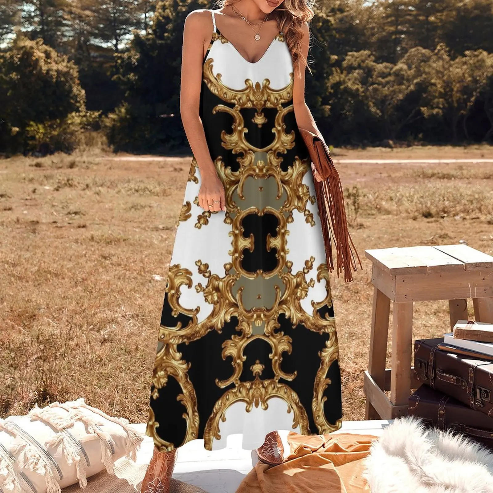 New Golden ornamental baroque symmetrical Sleeveless Dress Summer dresses for women luxury evening dress woman for wedding