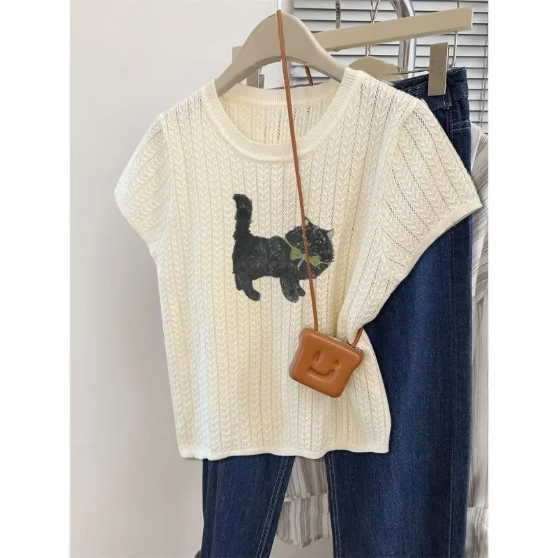 

Women Clothing Summer Korean Fashion Printing Solid Color O-neck Femme Trend Fashionable Hollow Out Cartoon Short Sleeve Tshirt
