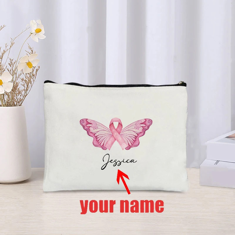 

Butterfly Breast Cancer Custom Name Makeup Bag Breast Cancer Awareness Bag Pink Ribbon Surviving Cancer Bags Cosmetic Case