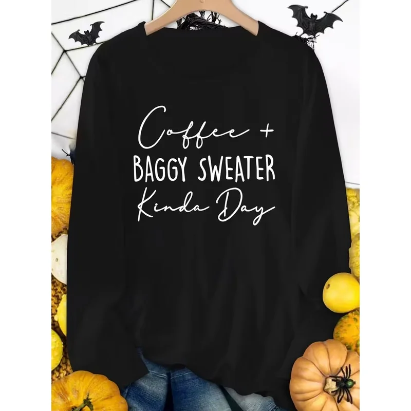 Women's Oversized Long Sleeve T-Shirt - Spooky Coffin & Baggy Script Letter Pop Art Print, Comfy Chic Curvy Top for Big Size