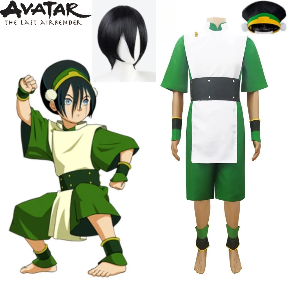 Disfraz de Cosplay de Avatar: La Leyenda de Aang, Toph Beifong, Conjunto Completo con Guantes, Brazaletes, Peluca, Sombrero, Traje de Batalla de Tierranado