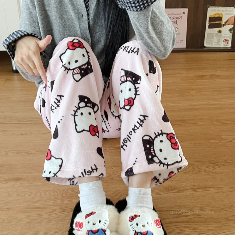 Sanrio Hello Kitty Kuromi Pom Pom Purin My Melody Pochacco Sleeper Pants Women Autumn Winter Thick Warm Flannel Cute Home Pants