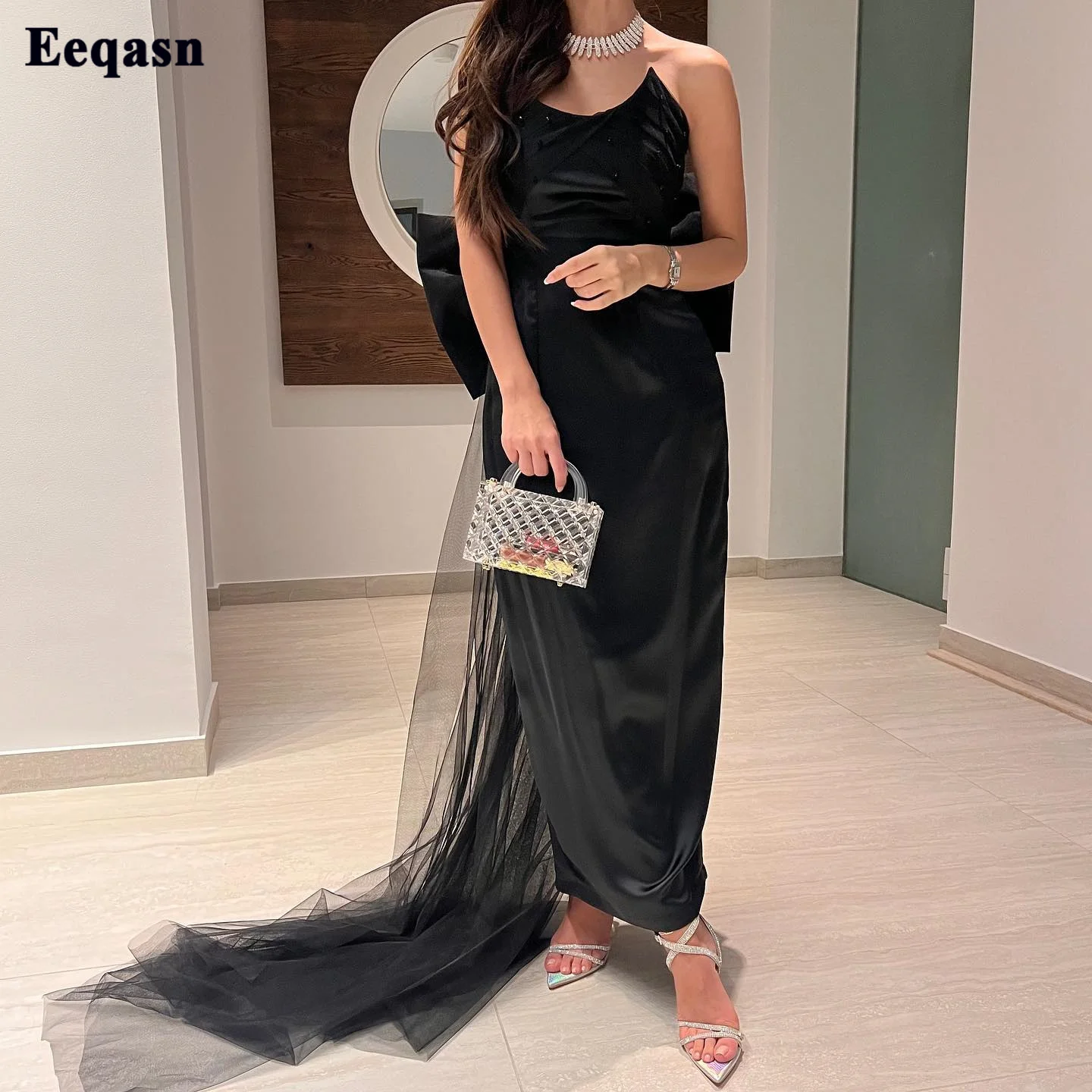 

Eeqasn Black Mermaid Evening Dresses Satin Tulle Bow Beaded Saudi Arabic Women Formal Party Gowns Elegant Prom Occasion Dress