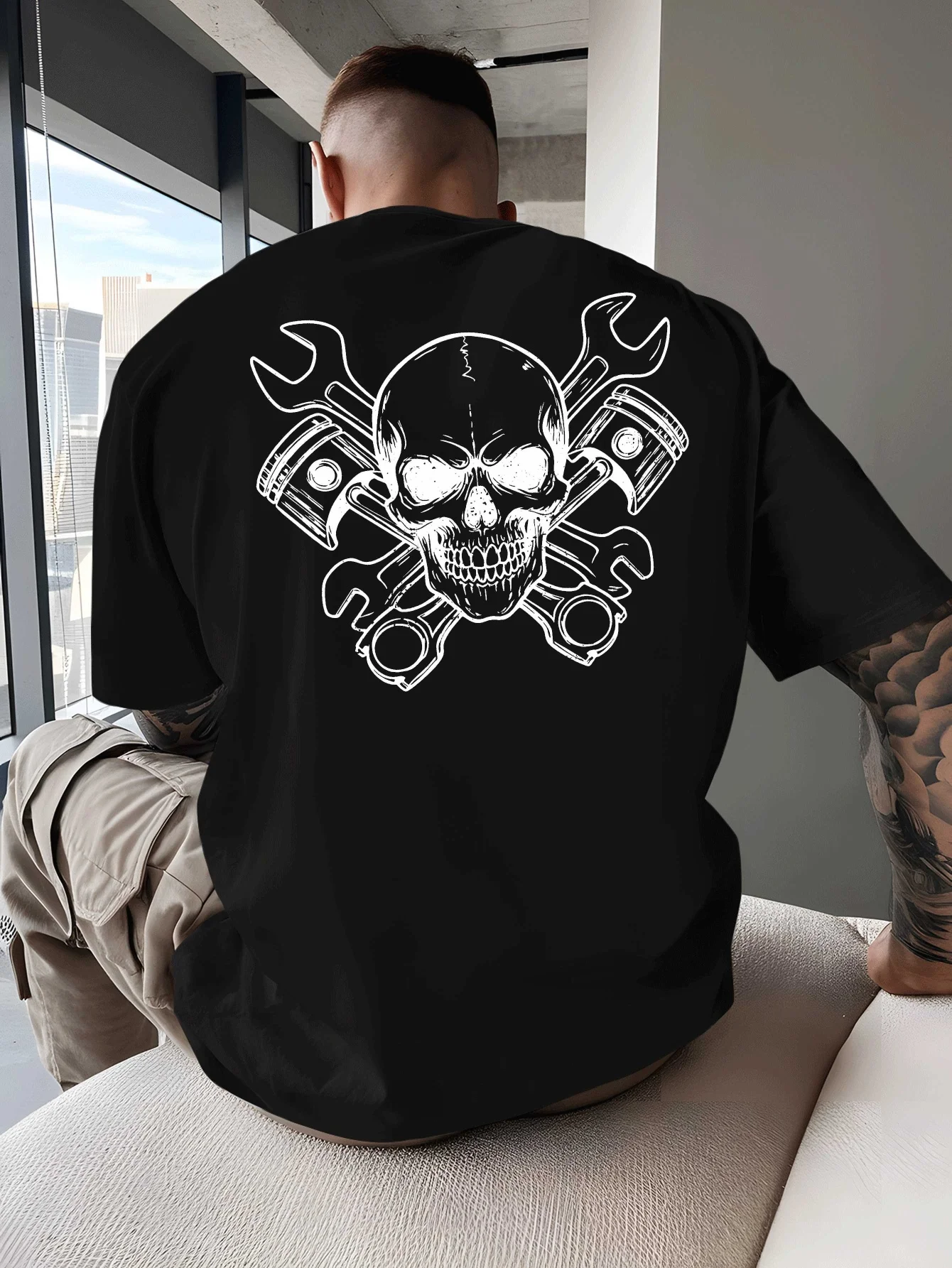 Skull Crossed Wrenches Biker Culture Men's T Shirt Fitness Sports Cotton Tee Casual Oversized Summer Spring Loose Top Streetwear