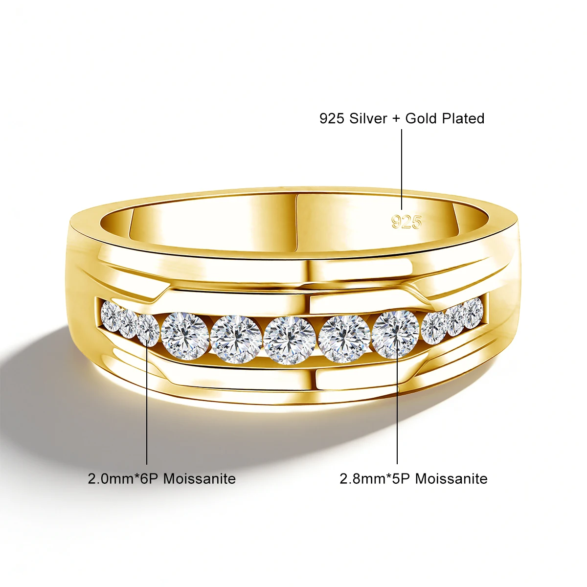 Unisex 18K vergoldete 925er Silber Ringe mit weißem Moissanit für Damen und Herren, klassischer Paarring, Verlobungs- und Hochzeitsschmuck – Detail 1