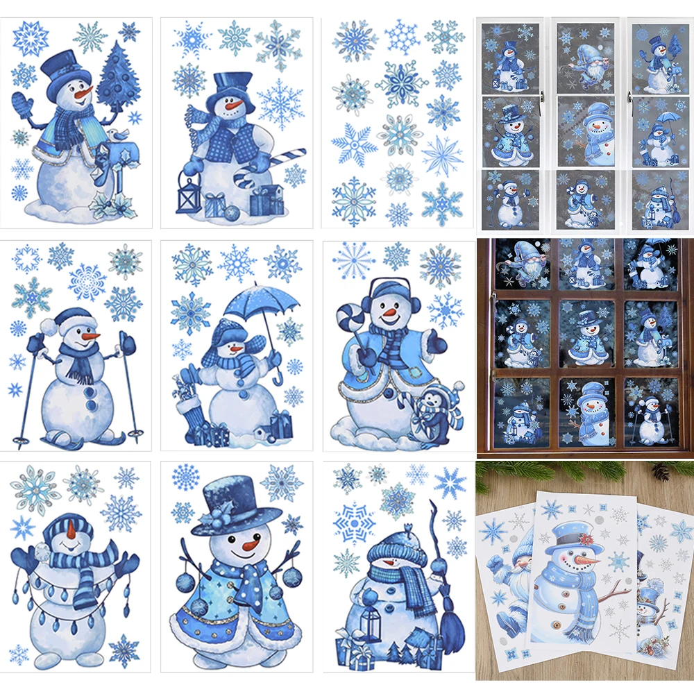 9 Blatt blauer Schneemann, Weihnachts-Fensteraufkleber, dekorativ, niedliche Zwerge, Szenenlayout, elektrostatischer Wandaufkleber, frohes neues Jahr