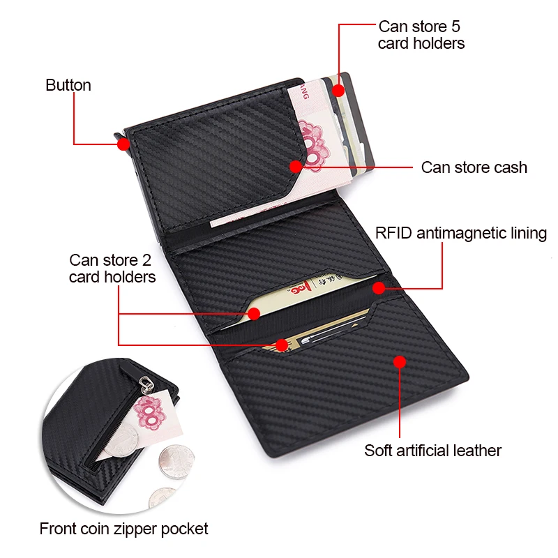 RFID 마그네틱 신용카드 홀더 지갑, 가죽 금속 지갑, 남성 동전 지갑, 여성 미니 탄소 신용 카드 홀더 케이스 지갑