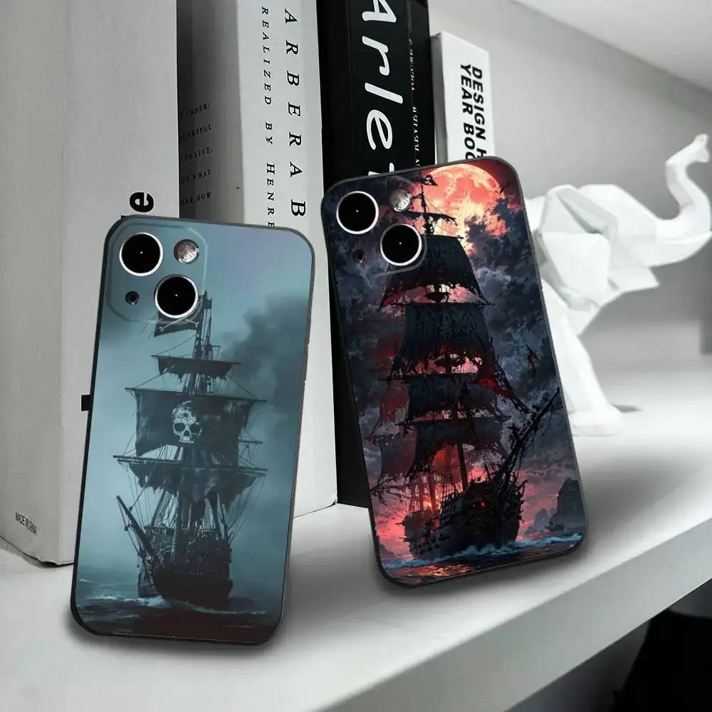 

Pirate Ship Phone Case For iPhone16,15,14,13,12 Mini 11 Pro XR,X,XS,MAX 7,8 Plus Silicone Cover Soft Black