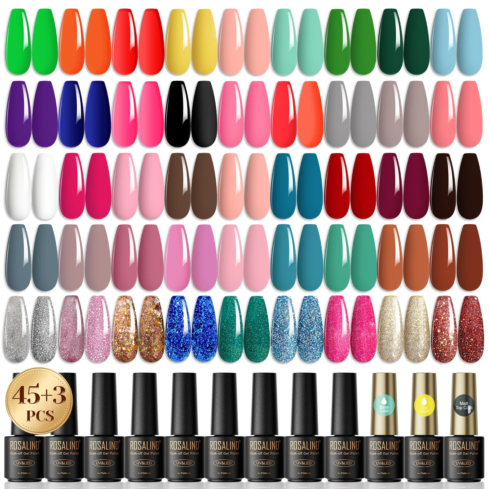 ROSALIND Nagellak Gel Vernissen Set-45 Kleuren Nagelgel met Basis Matt Top Coat Kit UV Gel Hybrid Semi Permanent voor Nail Art