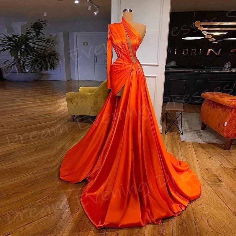 Simple Charming Orange Women\'s Mermaid Generous Evening Dresses One Shoulder Long Sleeve Prom Gowns New Pleated Vestido De Noche