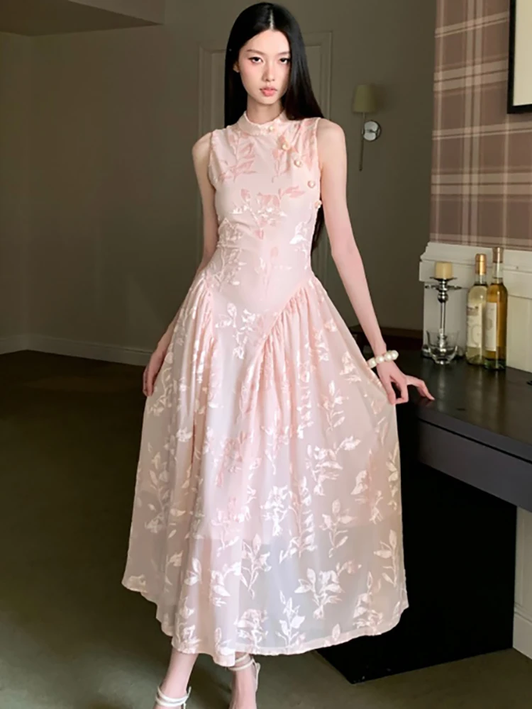 2026 Pink Mesh Jacquard Sleeveless Stand Collar Dress Summer Fashion Elegant Ruffled Long Dress Women Korean Bodycon Party Dress
