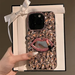 Bling Rhinestone Mirror Lipstick Sexy Lip Phone Cover For iPhone 17 Air 16 15 14 Pro Max 13 12 11 Pink Waterdrop Crystal Case