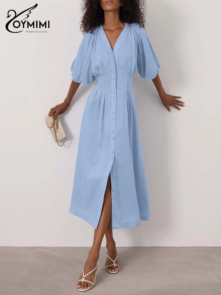 

Oymimi Fashion Blue V-Neck Women's Dress Elegant Half Sleeve Single Breasted Dresses Casual High Waist Mid-Calf Dresses Female