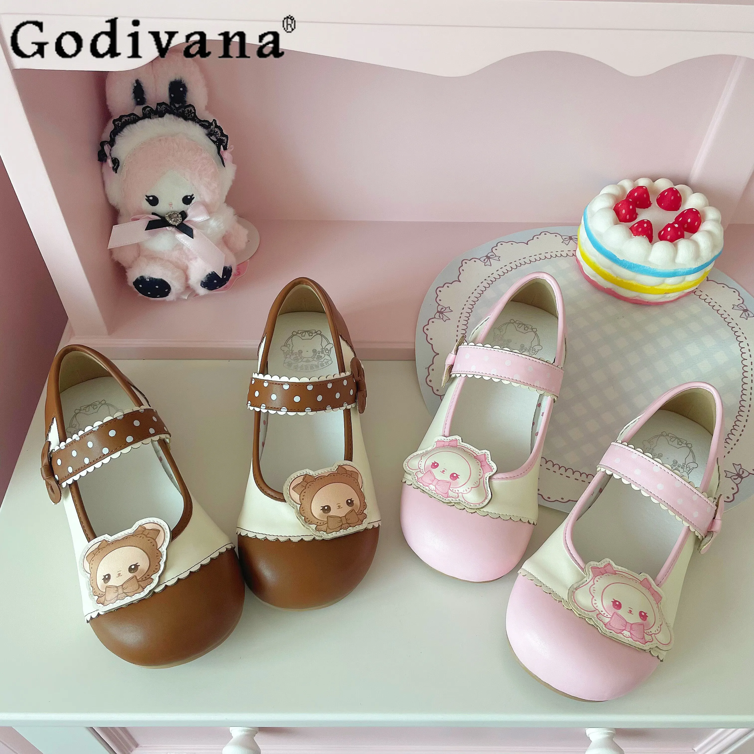 

Оригинальные розовые туфли в стиле Лолита для девочек, повседневные туфли с круглым носком и мультяшным принтом, домашние туфли без каблука, весенне-летние японские туфли Мэри Джейн