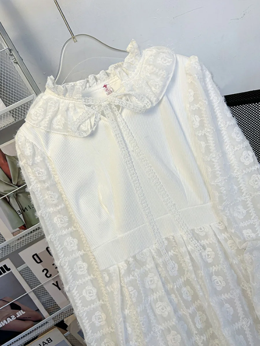 벨벳 플로럴 자수 드레스 여성용 가을 시즌 미스 공의 첫사랑 필터 스완 화이트 플로잉 롱 스커트 A라인