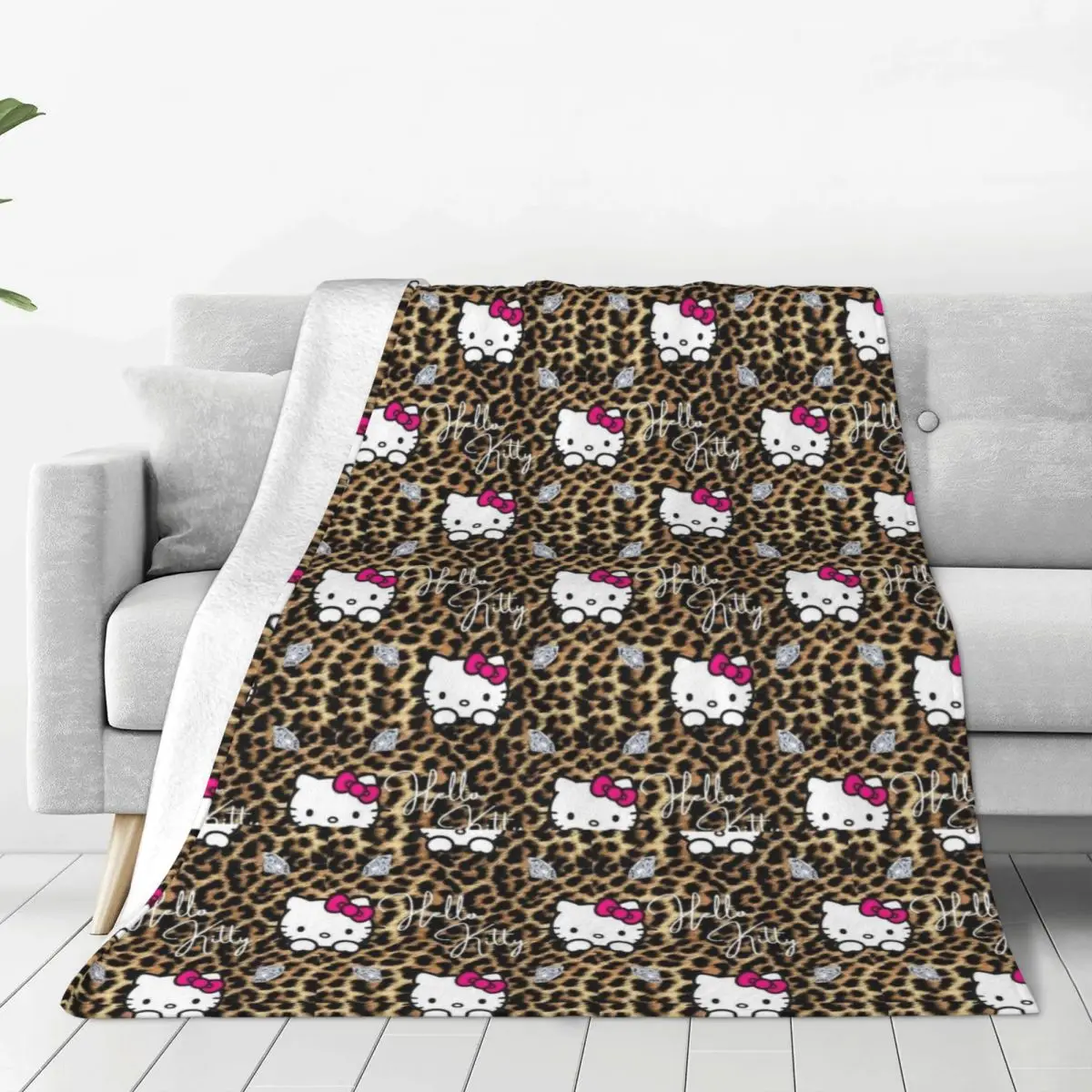 Hello Cheetah Kawaii Kitten With Diamonds Super Soft Blanket Plush Throw Blanket Halloween Couch Chair Flannel Sofa Bed Cover