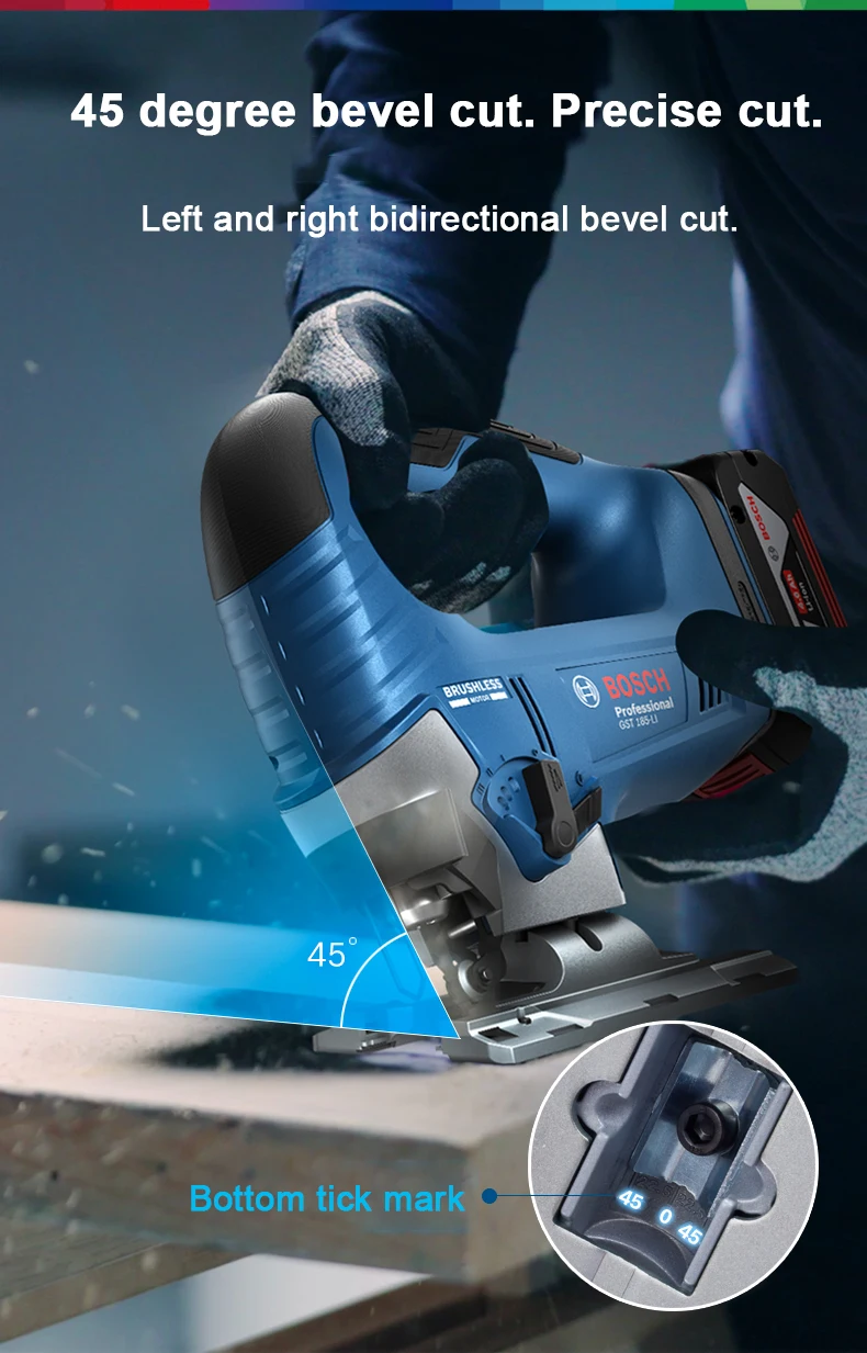 Bosch-Jig Saw recarregável sem fio, serra curva 18V, corte de madeira, Cruz Jigsaw corte, 125mm profundidade, motor sem escova, GST 185-LI