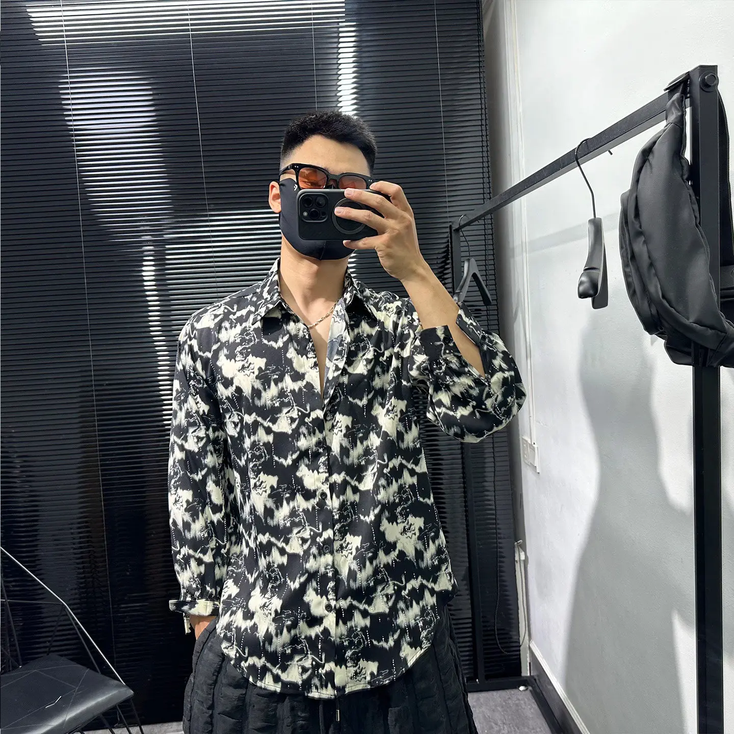 Dark High-Grade Printed Rhinestones Shirt Men's Long-Sleeved Design Korean Style Internet Celebrity Fashionable Draping Fashion