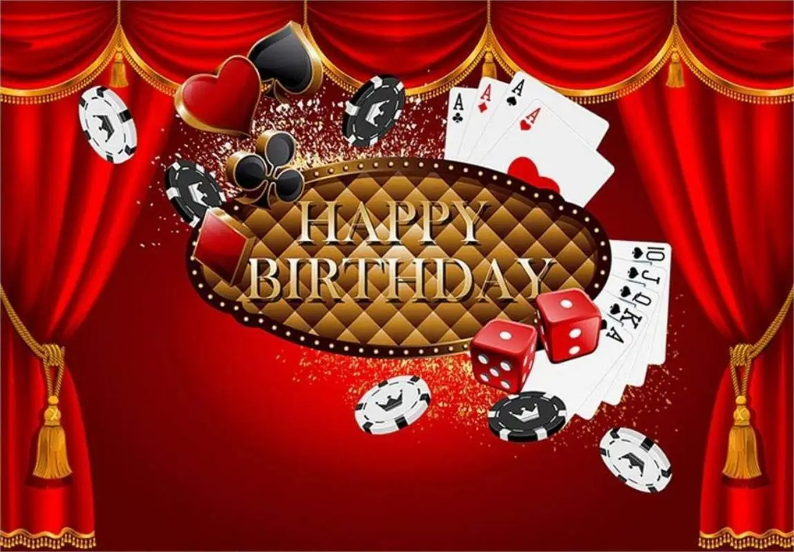 Casino Themed Red Curtain Adult Happy Birthday Party Photo Backgrounds Banner Poker Dice Backdrops for Photography Decoration