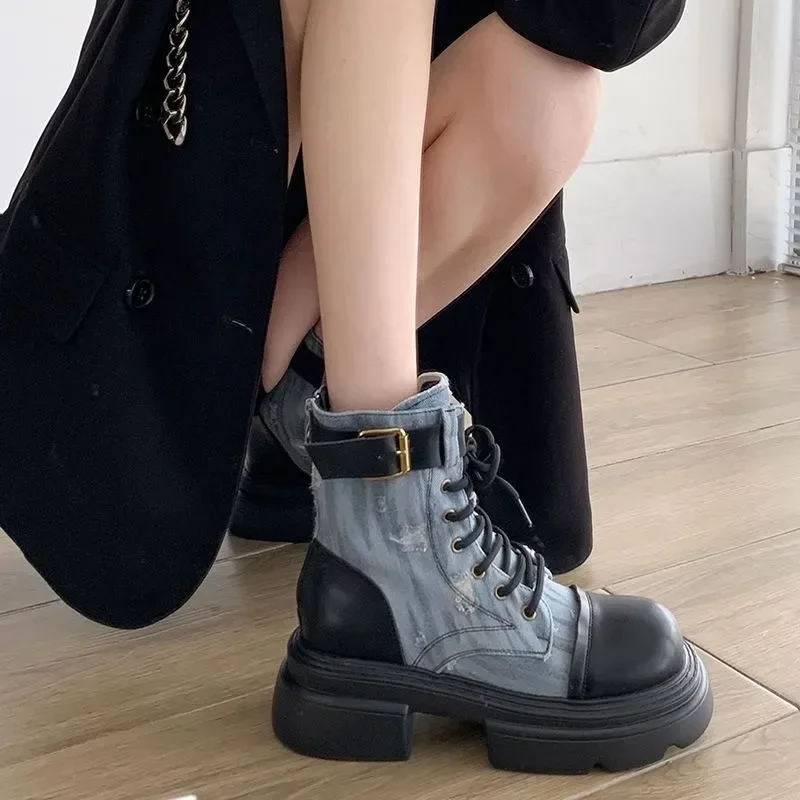 

British style work boots for women in the autumn of 2024 new thick soled thick heel super hot denim retro high rise short boots