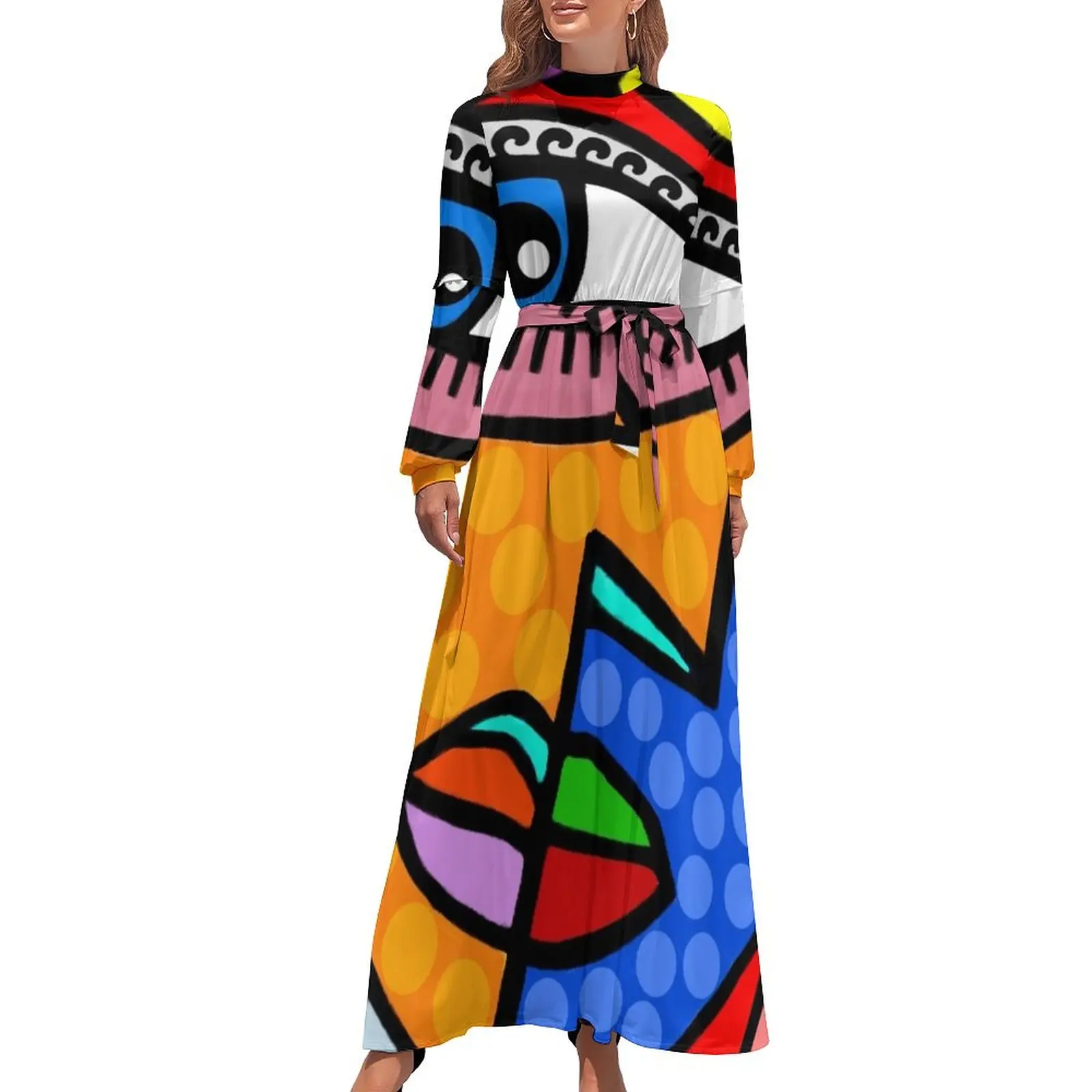 

Funky Abstract Style Art Face with Dots and Stripes Long Dress beach dresses dress party night Women long dress