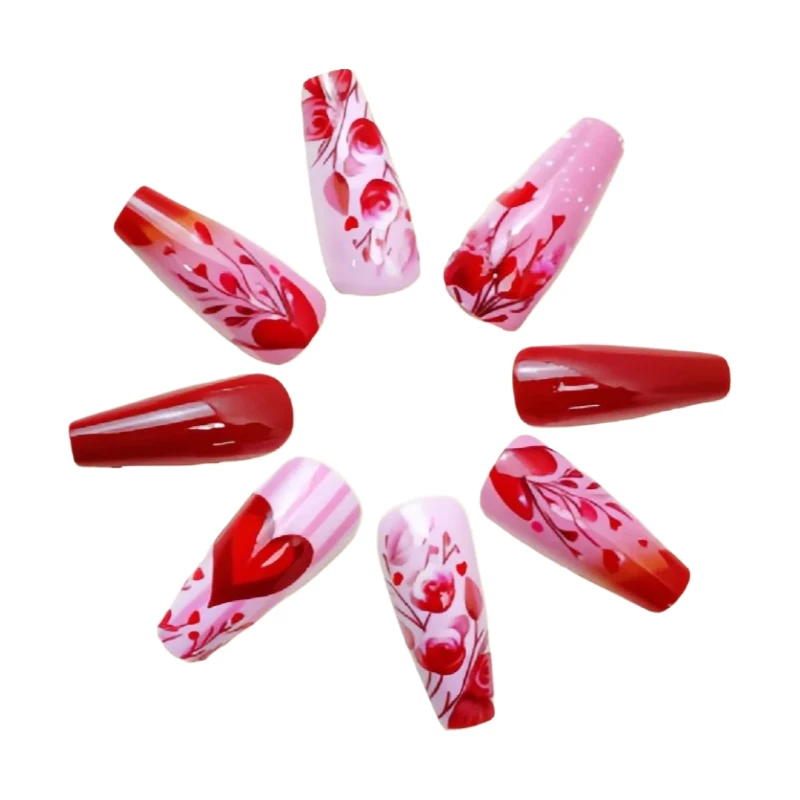 24 قطعة نعش مربع اضغط على الأظافر الحلو الأحمر القلب الباليه الأظافر وهمية التصميم الفرنسي الأوروبي الأمريكي عيد الحب الأظافر كاذبة #1