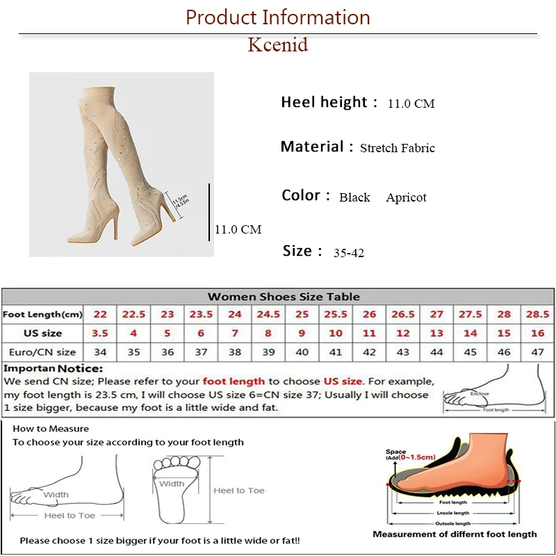 Kcenid Fashion Crystal Rhinestone Stretch Fabric Sock Mid-Calf Ankle Boots Women Pointed Toe High Heels Over The Knee Long Boots