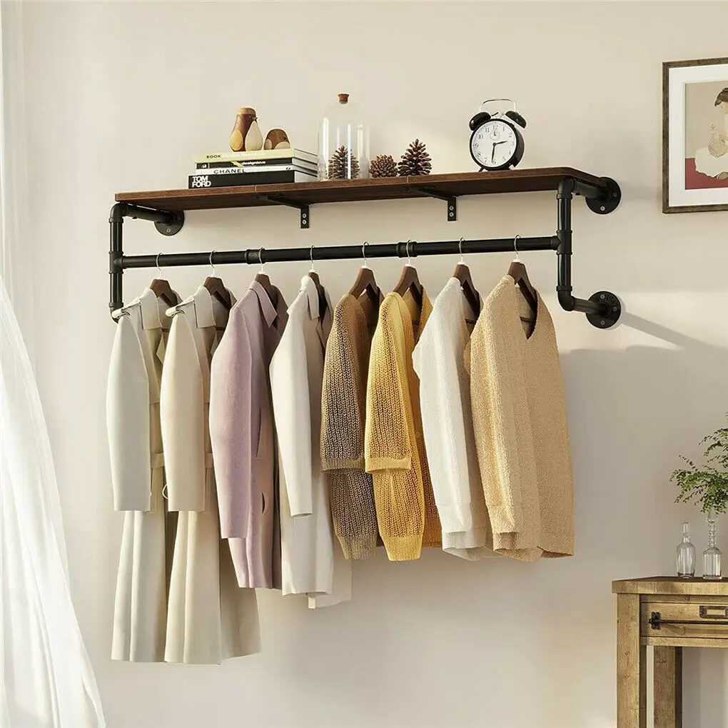 Industrial Pipe Clothes Rack with Top Shelf Coat Hanger Hanging Rod Closet Storage Wardorbe