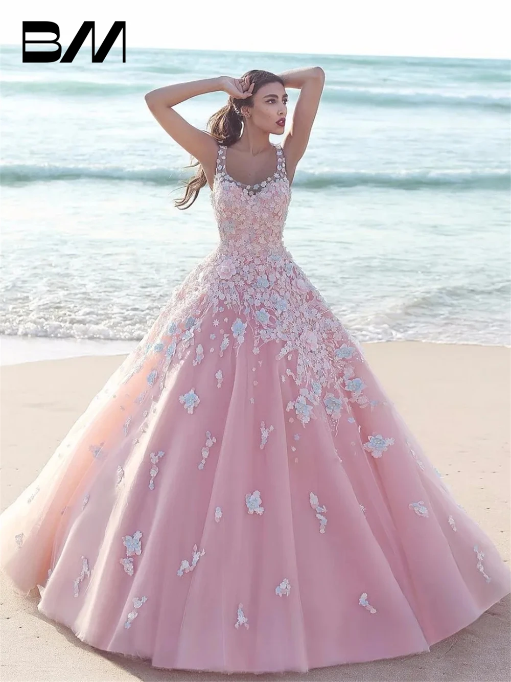 

Princess Floral Flower Pink Ball Gown Quinceanera Dresses Applique Tulle Scoop Sleeveless Lace Bodice Long Prom Dresses Formal P