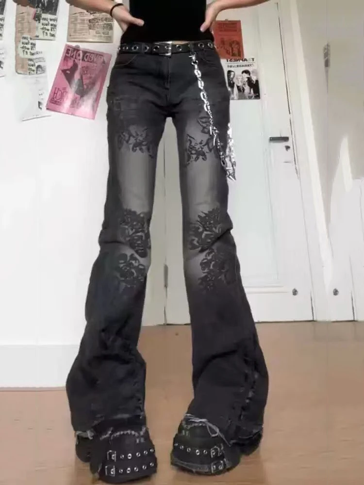 

Женские расклешенные джинсовые брюки с винтажным принтом Harajuku Street, тонкие брюки с низкой талией в готическом американском стиле Y2K, потертые джинсы