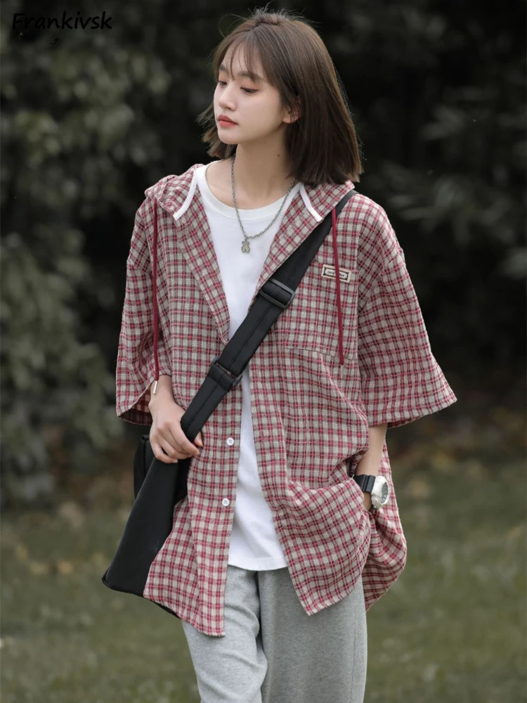 

Hooded Shirts Women Plaid Loose Cozy Half Sleeve Youthful Vitality Simple Daily Slouchy Leisure Hipster Japanese Style Classic