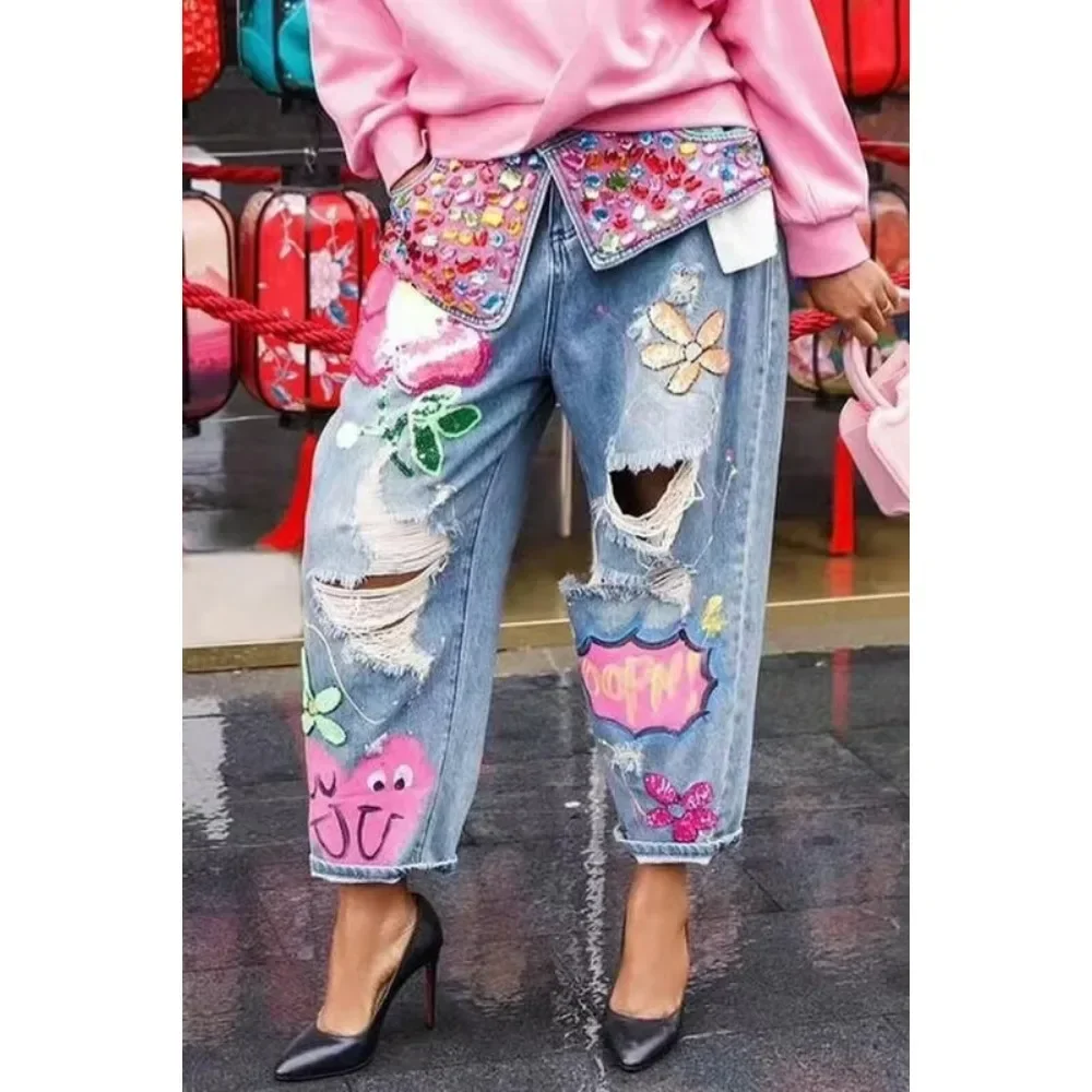 Europe and The United States Tide Brand 2024 Autumn New Heavy Industry Beaded Hole Jeans High Waist Loose Hip-hop Street Jeans