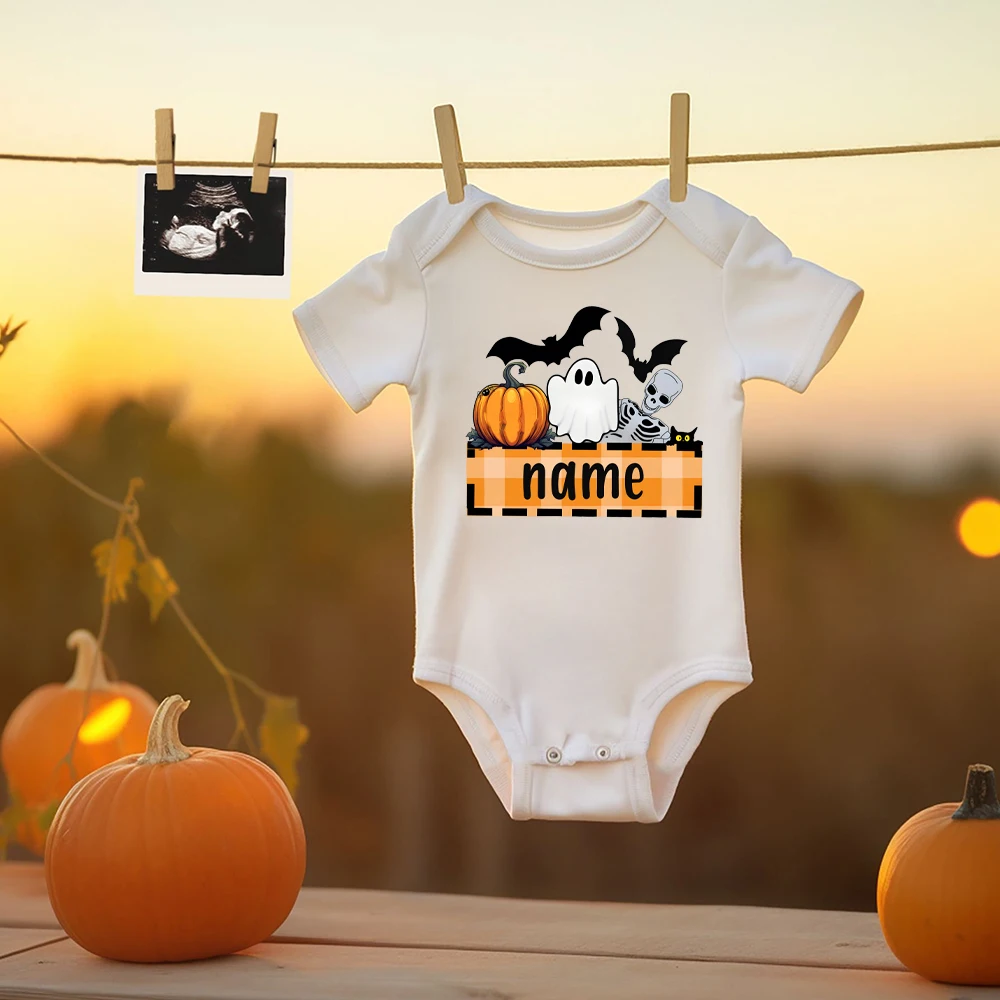 Custom Name Ghost&Pumpkin Print Baby Romper Personalize Short Sleeve Infant Bodysuit Halloween Holiday Newborn Clothes Best Gift