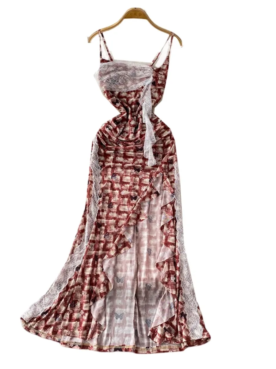 فستان Foamlina الفرنسي الجمالي منقوش عليه رسن من الدانتيل فستان نسائي صيفي بخصر محكم للتخسيس وفتحة كشكش فساتين طويلة