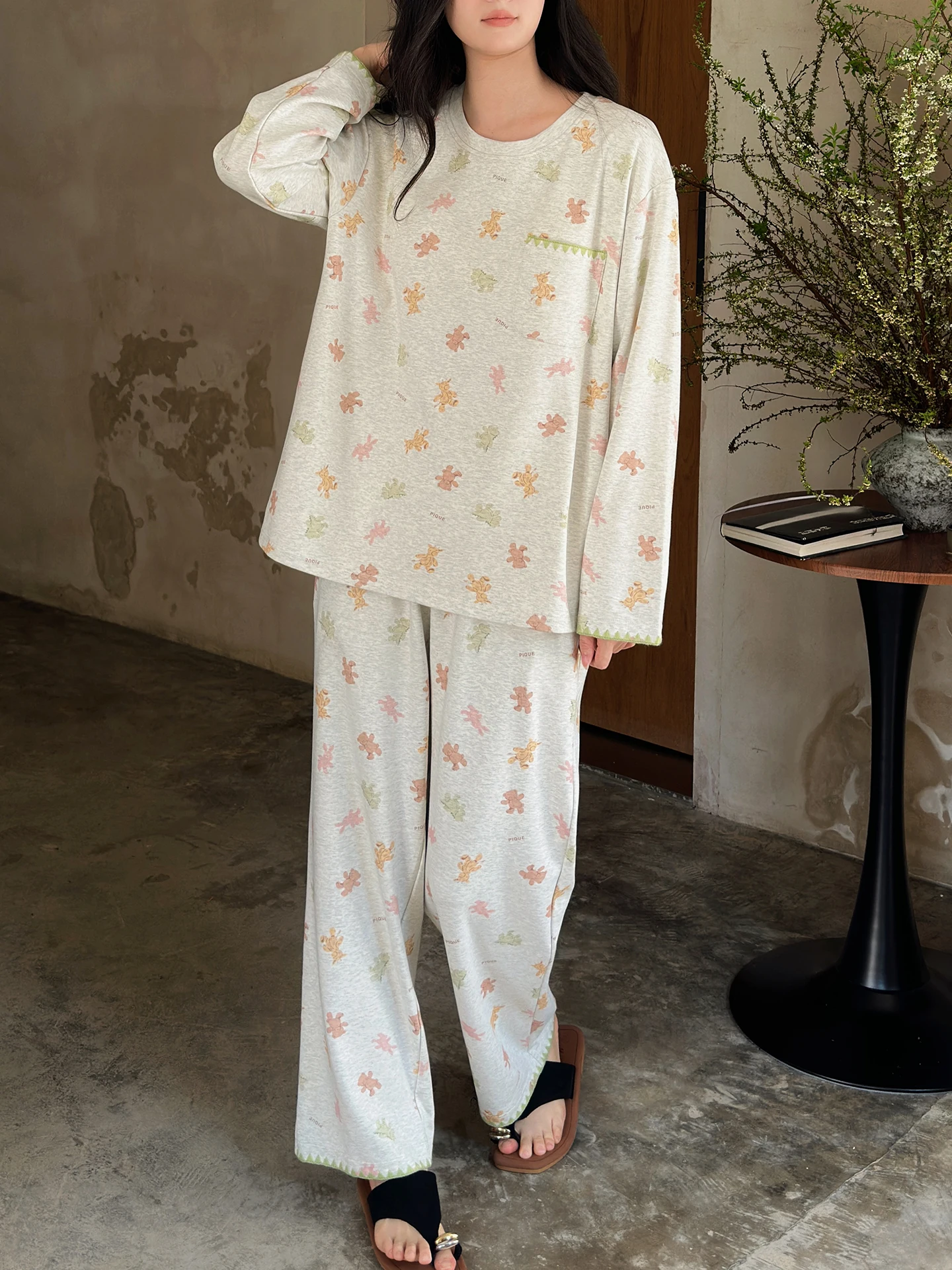 pure-cotton-sleepwear-women's-spring-autumn-long-sleeve-integrated-chest-pad-anti-bulge-home-clothes-outdoor-suitable-set