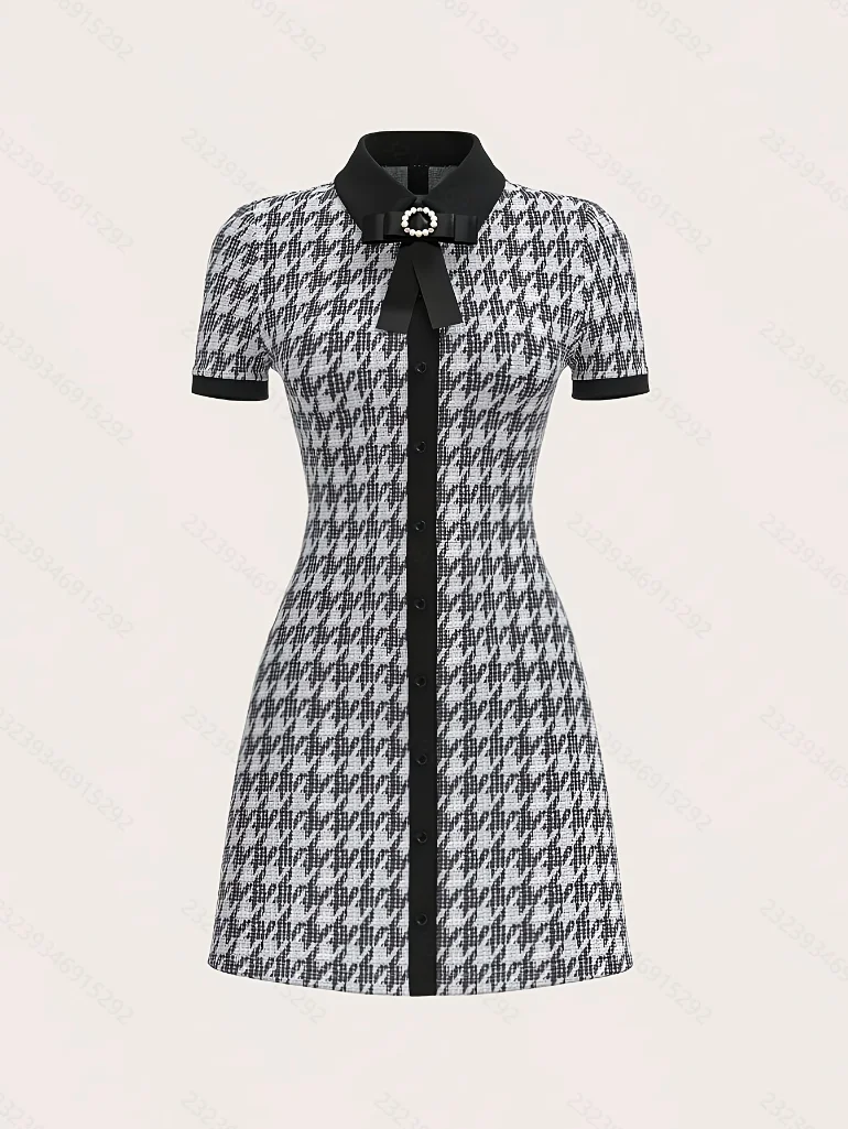 2026 New Spring/Summer Fashion Houndstooth Color-blocking Dress, Exquisite Collar with Bow-tie Short Sleeves Slimming Dress, But