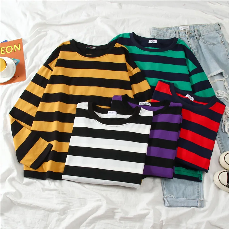 Women Tshirts Oversize Stripe T Shirt Harajuku Long Sleeve Female T-shirts O-neck Casual Ladies Tshirt Korean Feminina Tops