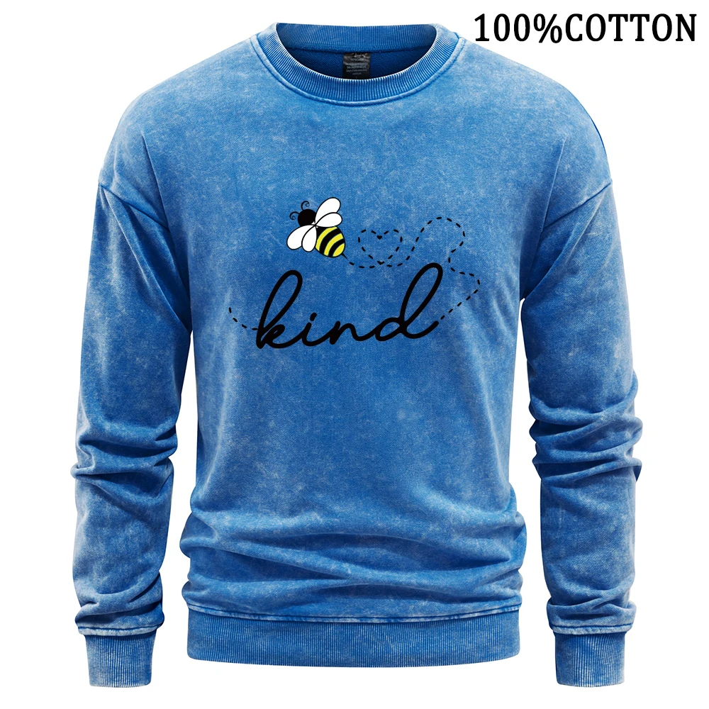 Heart Honeybee Print Men Sweatshirt Retro Washed Hoodie Casual Crewneck 100% Cotton Hoodies Soft Leisurewear Sweatshirts Tops