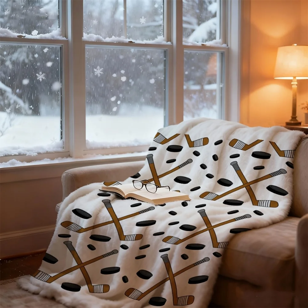 Ice Hockey Stick And Puck Print Throw Blanket Sport Theme Pattern Soft Lightweight Cozy Decorative Blanket for Couch Bedroom