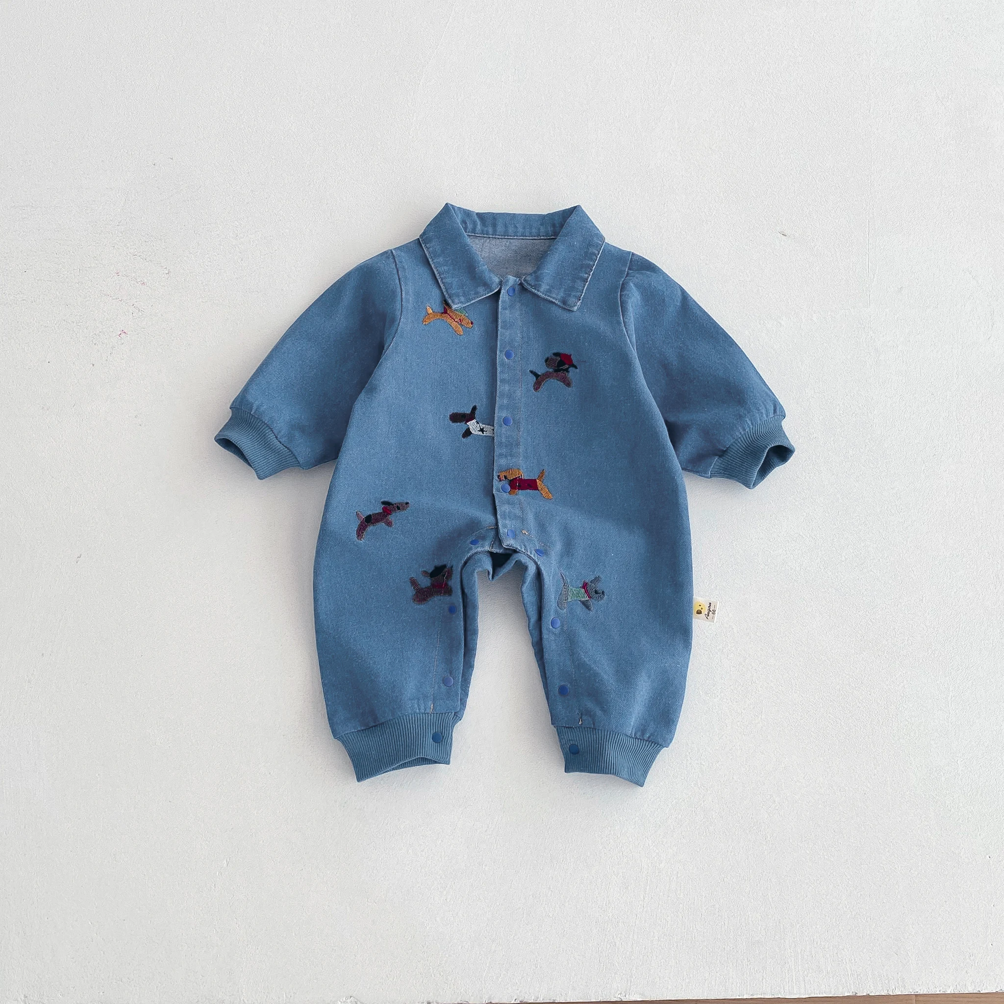 

Baby one-piece suit, denim autumn wear, embroidered outdoor crawling clothes for boys and girls, Hayi, first birthday clothes fo
