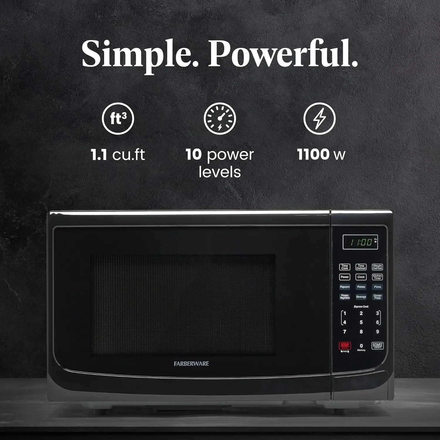 NEW Compact Countertop Microwave Oven 1.1 Cu. Ft. 1100-Watt with LED Lighting, Child Lock, Easy Clean Grey Interior, Black